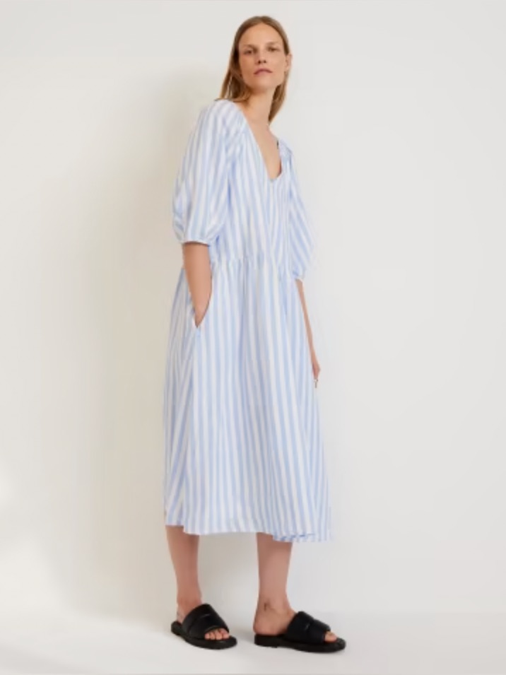 Everlane 100% Linen Stripe Midi Dress Xl Blue White Puff Sleeve Pockets